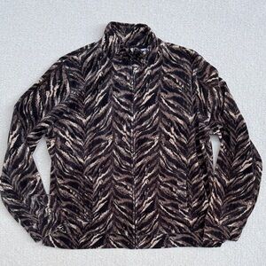 Kim Rogers Velour Zip Up Track Jacket Black Brown Tiger Zebra Print Sweatshirt M